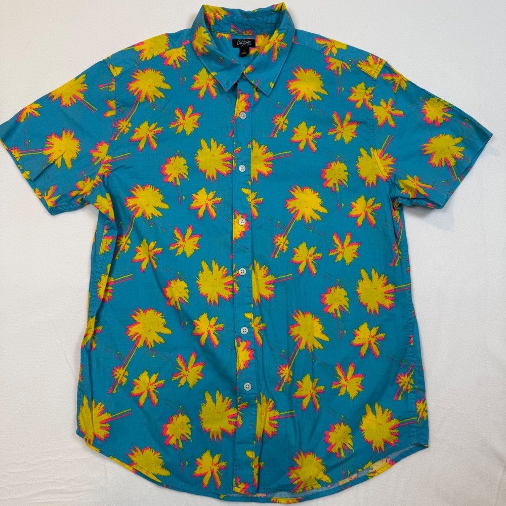 City Streets Mens Large Blue Neon Palm Tree Short Sleeve Button Dwn Cotton Shirt
